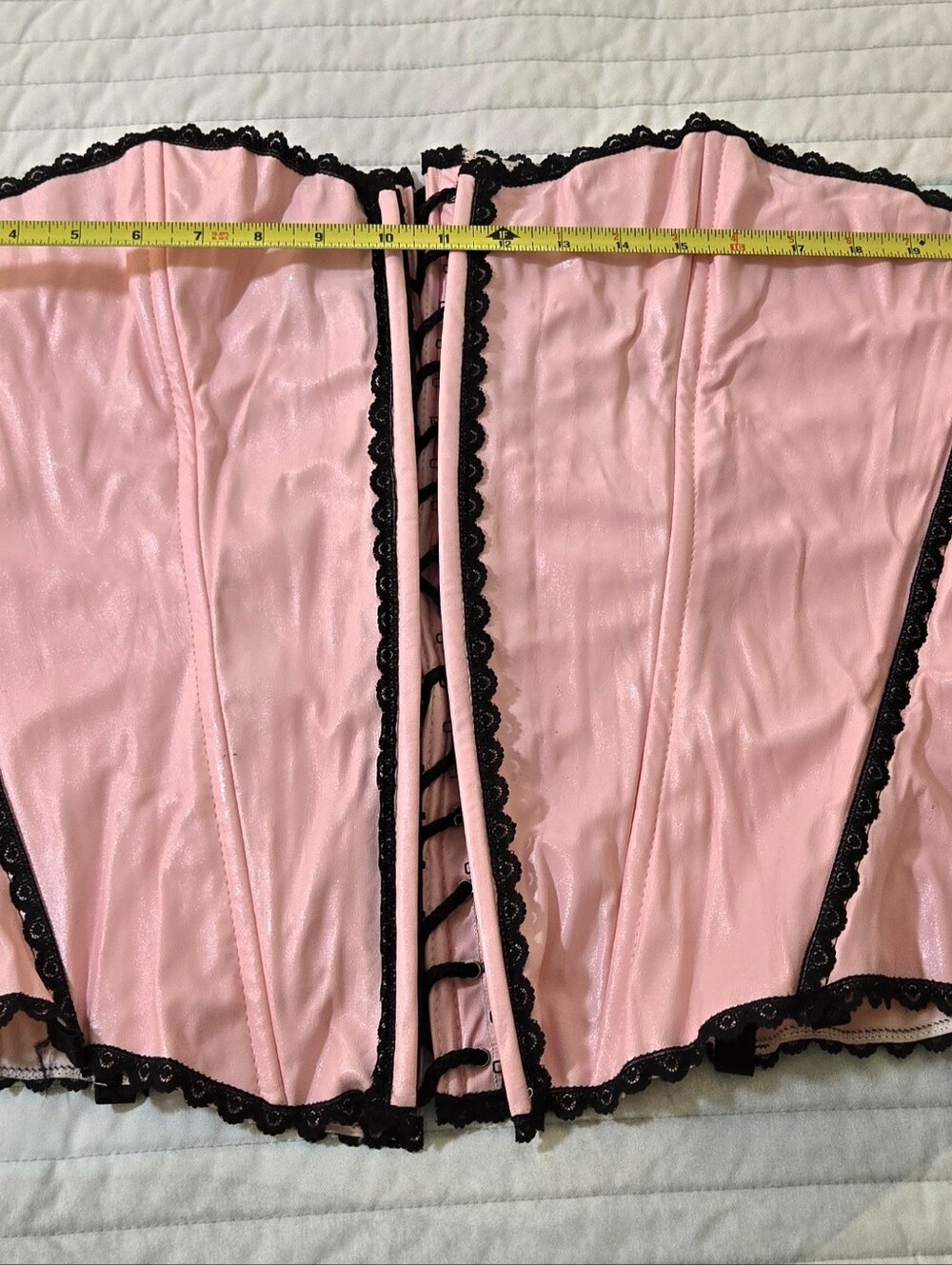Pink Vinyl Black Lace-Trim Corset Bustier